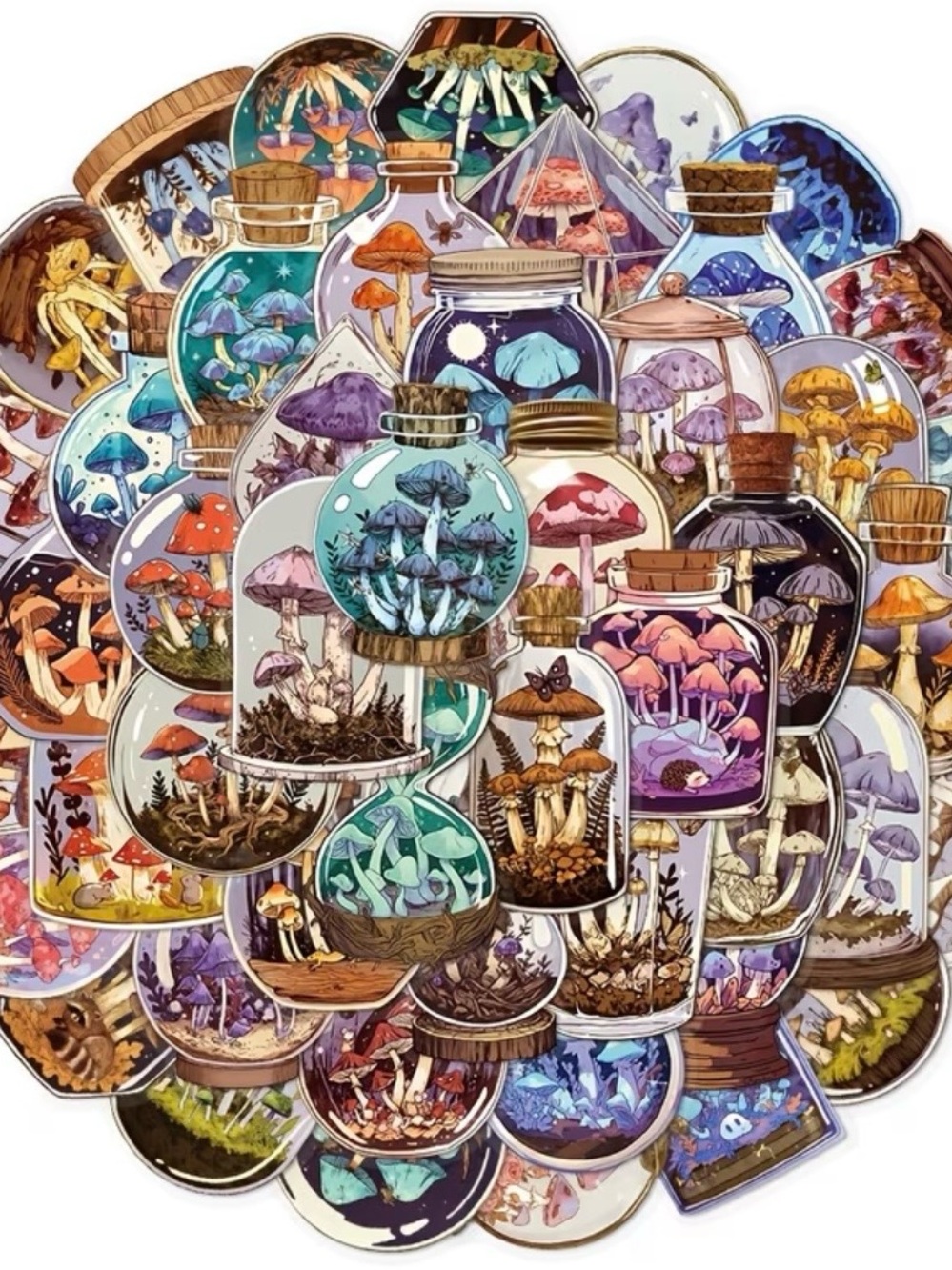 50 Fantasy Mushroom Cloche Stickers Colorful Apothecary Jars